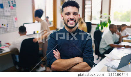 Man, happy and portrait of designer with arms crossed in office workplace for business. Face, confidence and graphic design, male person or creative entrepreneur, professional and leadership mindset. Man, happy and portrait of designer with arms crossed in office workplace for business. Face, confidence and graphic design, male person or creative entrepreneur, professional and leadership mindset. 135160744