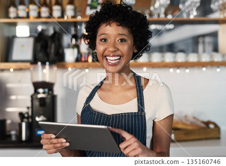 Happy woman, tablet and portrait of barista at cafe with smile in management, inventory or stock at restaurant. Female person, waitress or employee on technology for small business at coffee shop 135160746