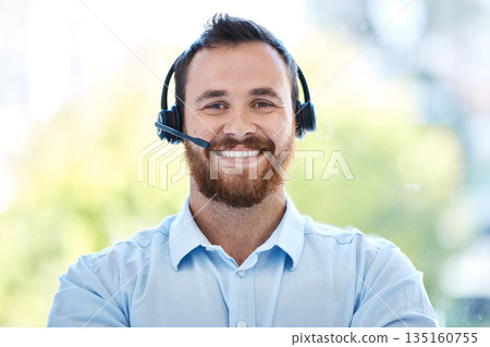 Happy man, call center and portrait smile in customer service, support or telemarketing at office. Friendly male person or consultant agent smiling for virtual assistant or online advice at workplace 135160755