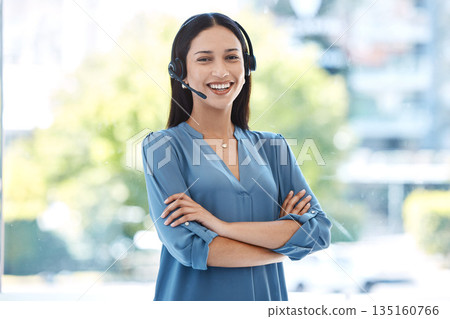 Woman with arms crossed, portrait and callcenter, contact us with customer service agent in workplace with smile. CRM, communication and tech support, female consultant for help desk and mockup space 135160766