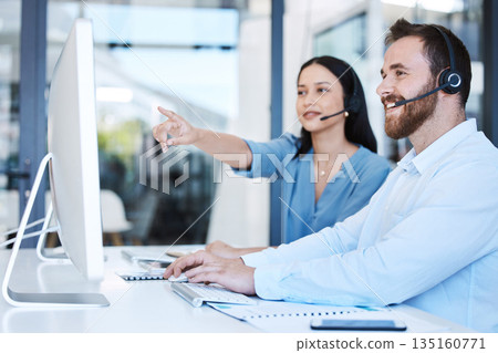 Call center employees, computer and training, team with trainer and customer service agent learning in workplace. Contact us, CRM and communication with teamwork, coaching and people working together Call center employees, computer and training, team with trainer and customer service agent learning in workplace. Contact us, CRM and communication with teamwork, coaching and people working together 135160771