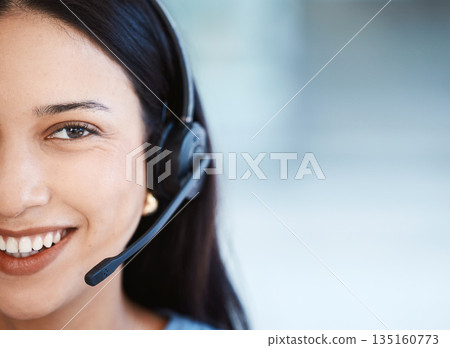 Happy woman, call center and face closeup on mockup for customer service or telemarketing at office. Female person, consultant agent or virtual assistant with smile and headphones for online advice 135160773