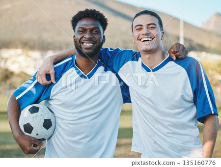 Sports team, soccer ball and smile portrait on field for fitness training or game outdoor. Football player, club and diversity athlete men or friends together for competition, workout or challenge Sports team, soccer ball and smile portrait on field for fitness training or game outdoor. Football player, club and diversity athlete men or friends together for competition, workout or challenge 135160776