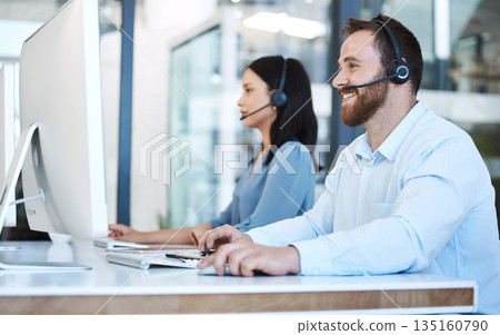 Happy people, call center and team in customer service, support or telemarketing on computer at the office. Woman and man consultant, agent or virtual assistant working for online agency at workplace Happy people, call center and team in customer service, support or telemarketing on computer at the office. Woman and man consultant, agent or virtual assistant working for online agency at workplace 135160790