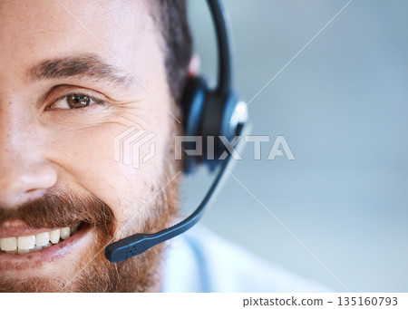 Happy man, call center and face closeup on mockup for customer service or telemarketing at office. Male person, consultant agent or virtual assistant with smile and headphones for online advice 135160793