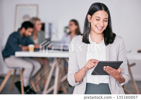 Smile, business and woman with a tablet, connection and social media with web design, digital software or update system. Group, female person or agent with technology, typing or chatting with network 135160807