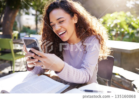 Phone, study and happy woman at cafe, outdoor campus or college on social media, education and language books. Gen z, park and young african person typing, search or chat on mobile in remote learning Phone, study and happy woman at cafe, outdoor campus or college on social media, education and language books. Gen z, park and young african person typing, search or chat on mobile in remote learning 135160868