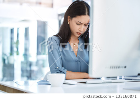 Call center, stress and woman with headache, problem or crisis, internet or issue in office. Burnout, migraine and lady consultant with anxiety, glitch or online mistake while consulting crm or faq 135160871