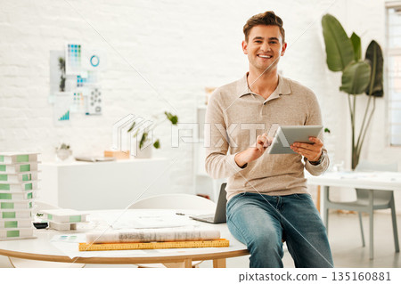 Architecture, smile and portrait of man with tablet in office for engineering, internet and buildings. Digital, construction and creative with designer for project management, website and technology 135160881