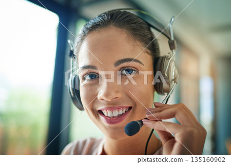 Happy woman, call center and portrait with headphones in customer service and telemarketing at office. Face of female person, consultant and agent smile with headset mic to contact us for sales Happy woman, call center and portrait with headphones in customer service and telemarketing at office. Face of female person, consultant and agent smile with headset mic to contact us for sales 135160902