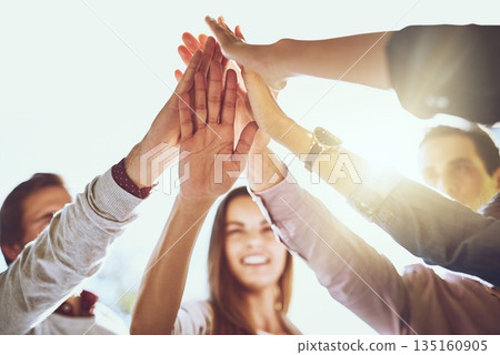 Business people, hands and high five in meeting for winning, success or unity in collaboration outdoors. Group touching hand for team building agreement, victory or solidarity together in nature Business people, hands and high five in meeting for winning, success or unity in collaboration outdoors. Group touching hand for team building agreement, victory or solidarity together in nature 135160905