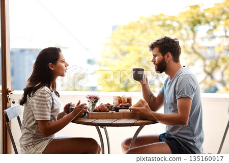 Breakfast food, home and couple argue, fight or angry over relationship problem, mistake or frustrated on apartment balcony. Divorce risk, marriage fail and people in morning conflict during brunch 135160917
