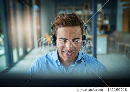 Happy businessman, call center and consulting with headphones for customer service, support or telemarketing at office. Friendly man person or consultant agent smiling for online advice in contact us Happy businessman, call center and consulting with headphones for customer service, support or telemarketing at office. Friendly man person or consultant agent smiling for online advice in contact us 135160918