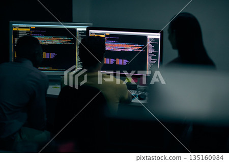 Programming, code and computer with business people in office at night for cyber security, cloud computing and data. Software development, teamwork and digital with developers for coding and network 135160984
