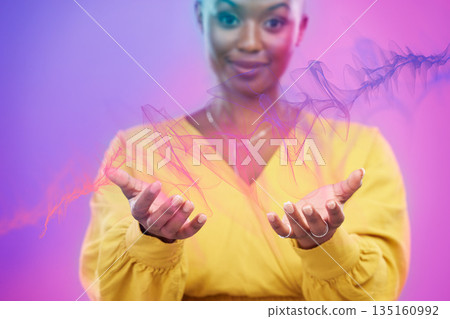 Hands, black woman magic wave or spell and with particle effects in background. Technology or color motions, African female with open arms for it and in studio backdrop for big data or science 135160992