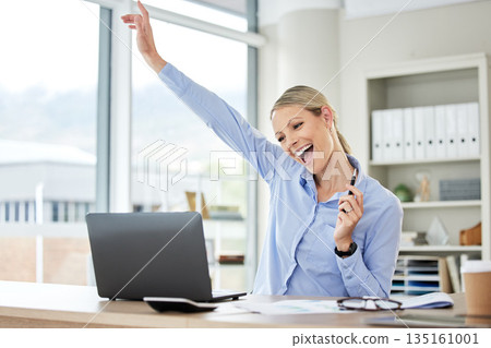 Accountant woman, laptop and celebrate success, business profit or achievement in office. Professional person excited for startup growth, accounting solution and online bonus win or investment payout Accountant woman, laptop and celebrate success, business profit or achievement in office. Professional person excited for startup growth, accounting solution and online bonus win or investment payout 135161001