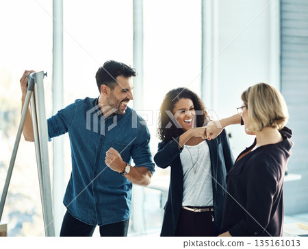 Brainstorming, fist bump and happy business people celebrate success, teamwork achievement or innovation. Whiteboard, winner and excited team, management or group celebration for planning development 135161013