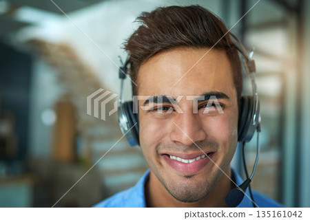 Happy businessman, call center and portrait smile for customer service, support or telemarketing at the office. Friendly man person, face or consultant agent smiling for online advice in contact us 135161042