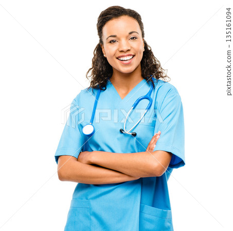 Healthcare, portrait of woman nurse and smile against a white background with stethoscope. Health wellness, medical and African female doctor or surgeon smiling against studio backdrop for happiness 135161094