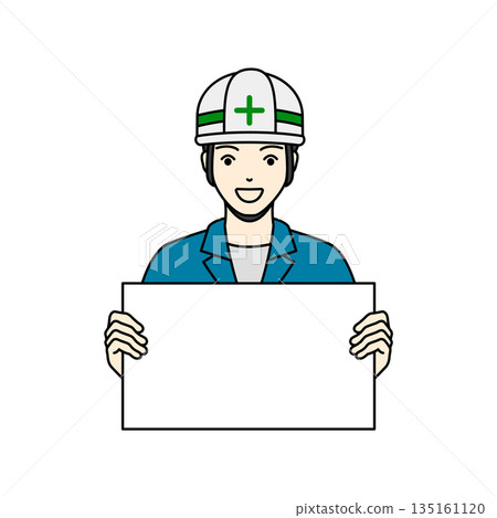 Illustration of a man in work clothes wearing a helmet and holding a white board 135161120