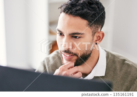 Thinking, solution and business man on computer for IT planning, software design and reading code or tech decision. Idea, review and programmer or information technology of young person on desktop pc Thinking, solution and business man on computer for IT planning, software design and reading code or tech decision. Idea, review and programmer or information technology of young person on desktop pc 135161191