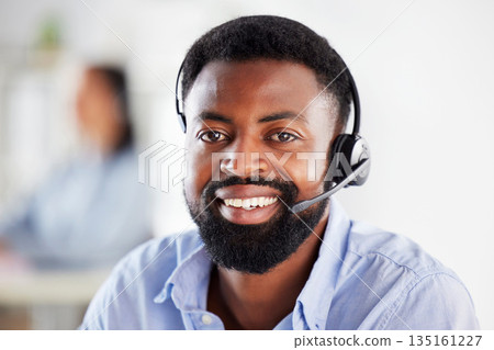 Black man, call center portrait and smile in office for communication, tech support job or microphone. African guy, telemarketing and happy for sales consulting, customer service or help desk for crm 135161227