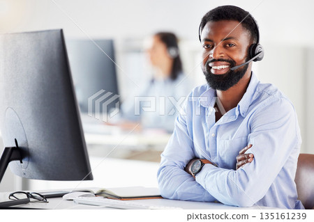 Black man, call center portrait and arms crossed in office for contact us, tech support or microphone. African guy, telemarketing and happy for sales consulting, customer service or help desk for crm 135161239