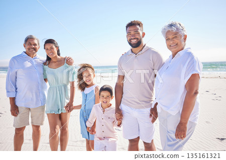 Happy family, grandparents portrait or children at sea holding hands to relax on holiday together. Dad, mom or kids siblings love bonding or smiling with grandmother or grandfather on beach sand Happy family, grandparents portrait or children at sea holding hands to relax on holiday together. Dad, mom or kids siblings love bonding or smiling with grandmother or grandfather on beach sand 135161321