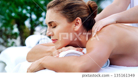 Spa, massage and woman relax with physical therapy, body care and relaxation at a resort. Wellness, peace and lady person with masseuse for luxury, zen and stress free relaxation on Thailand vacation Spa, massage and woman relax with physical therapy, body care and relaxation at a resort. Wellness, peace and lady person with masseuse for luxury, zen and stress free relaxation on Thailand vacation 135161349