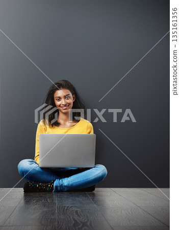 Woman in portrait, laptop and tech, student typing with education, mockup space and connectivity. Elearning, smile and female person studying online, research for project and internet connection Woman in portrait, laptop and tech, student typing with education, mockup space and connectivity. Elearning, smile and female person studying online, research for project and internet connection 135161356