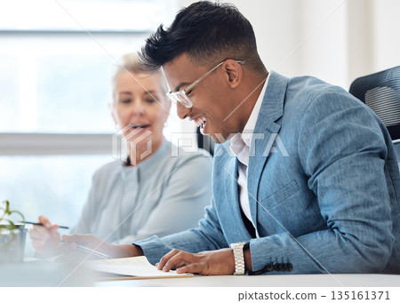 Business meeting, documents and happy people for financial report, accounting and company budget, revenue or profit. Sales, review and paperwork of professional man, woman or team talking of results Business meeting, documents and happy people for financial report, accounting and company budget, revenue or profit. Sales, review and paperwork of professional man, woman or team talking of results 135161371