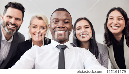 Selfie, friends and portrait with business people in office for social media, networking and teamwork. Collaboration, happy and solidarity with employee for diversity, team building and partnership Selfie, friends and portrait with business people in office for social media, networking and teamwork. Collaboration, happy and solidarity with employee for diversity, team building and partnership 135161379