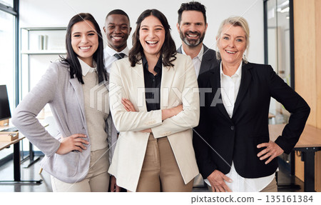Happy, confidence and group of business people in the office for teamwork, collaboration and diversity. Happiness, smile and professional employees standing with a corporate manager in the workplace. Happy, confidence and group of business people in the office for teamwork, collaboration and diversity. Happiness, smile and professional employees standing with a corporate manager in the workplace. 135161384