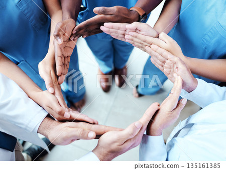 Circle, connection and nurses hands together in healthcare workflow, group support and team cooperation or synergy above. Integration, health formation and doctors, medical people or surgeon teamwork Circle, connection and nurses hands together in healthcare workflow, group support and team cooperation or synergy above. Integration, health formation and doctors, medical people or surgeon teamwork 135161385