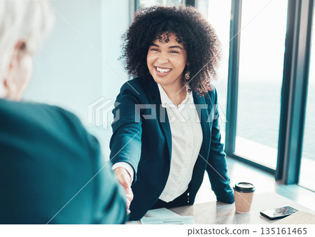 Business people, staff and handshake in meeting, collaboration and agreement with negotiation. Woman, employee or coworkers shaking hands, cooperation or teamwork with partnership, smile and contract 135161465