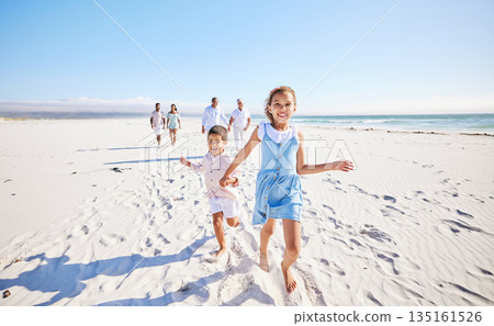 Big family, sea or happy kids holding hands, running or smiling in summer with happiness or joy in nature. Grandparents, smile or young children siblings bonding, playing or walking on beach sand Big family, sea or happy kids holding hands, running or smiling in summer with happiness or joy in nature. Grandparents, smile or young children siblings bonding, playing or walking on beach sand 135161526