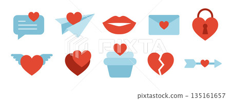 Set of love and valentine icons flat design for wedding and valentine celebration. Set of love and valentine icons flat design for wedding and valentine celebration. 135161657