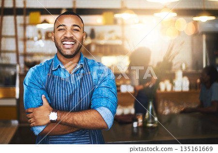 Coffee shop, happy barista and portrait of black man in cafe for service, working and crossed arms. Small business owner, restaurant and professional male waiter smile in cafeteria ready to serve 135161669