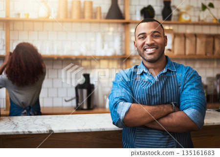 Cafe, crossed arms and portrait of black man barista for service, working and coffee shop startup. Small business owner, restaurant and professional male waiter smile in cafeteria ready to serve 135161683