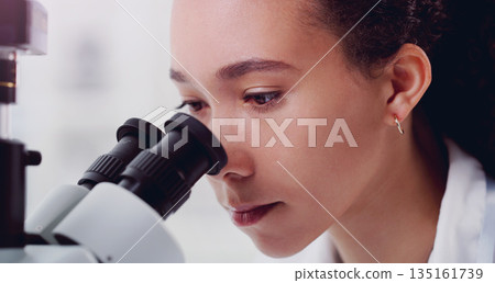 Science, face and microscope with woman in laboratory for expert research, medical and planning. Test, vaccine analysis and medicine with female scientist for chemistry, healthcare and pharmacy Science, face and microscope with woman in laboratory for expert research, medical and planning. Test, vaccine analysis and medicine with female scientist for chemistry, healthcare and pharmacy 135161739