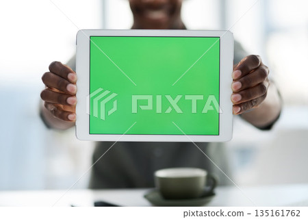 Hands, tablet and green screen mockup for advertising, marketing or branding at office. Closeup hand of person holding technology with chromakey display for advertisement or copy space at workplace 135161762