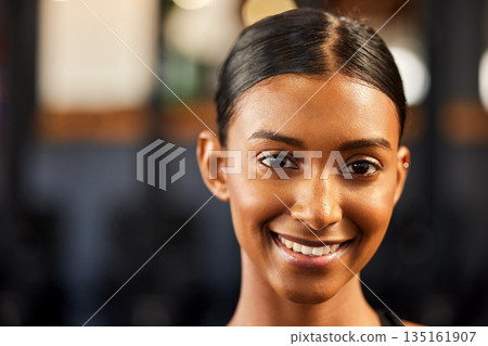 Fitness, portrait or happy woman with smile in gym to workout, exercise or training for wellness. Face of personal trainer, sports girl or confident athlete smiling or relaxing with positive mindset Fitness, portrait or happy woman with smile in gym to workout, exercise or training for wellness. Face of personal trainer, sports girl or confident athlete smiling or relaxing with positive mindset 135161907