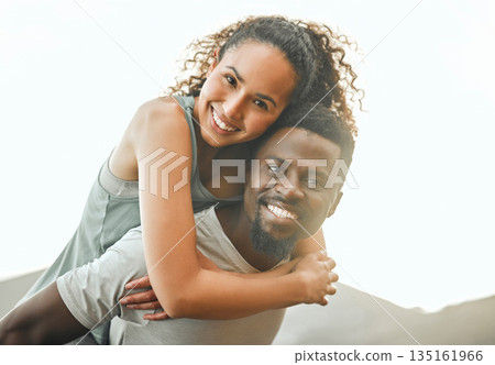 Couple outdoor, happy in portrait with piggyback and fitness, interracial people smile and train together. Mockup space, health and black man with woman, trust in relationship and exercise in nature Couple outdoor, happy in portrait with piggyback and fitness, interracial people smile and train together. Mockup space, health and black man with woman, trust in relationship and exercise in nature 135161966