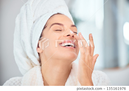 Skincare, bathroom and face cream for happy woman with dermatology and morning wellness in her home. Facial, sunscreen and female person with clean mask, creme or skin collagen beauty lotion Skincare, bathroom and face cream for happy woman with dermatology and morning wellness in her home. Facial, sunscreen and female person with clean mask, creme or skin collagen beauty lotion 135161976
