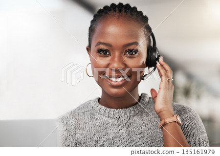 Portrait, telemarketing and black woman with a smile, customer service and headphones with advice. Face, female person or consultant with happiness, help and tech support with internet and consulting Portrait, telemarketing and black woman with a smile, customer service and headphones with advice. Face, female person or consultant with happiness, help and tech support with internet and consulting 135161979