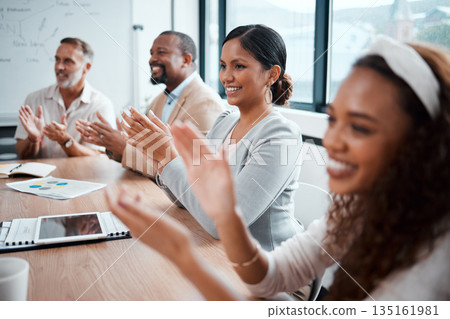 Business people, applause and meeting in conference, presentation or team seminar at the office. Happy group of employees clapping for teamwork, support or motivation in boardroom at the workplace Business people, applause and meeting in conference, presentation or team seminar at the office. Happy group of employees clapping for teamwork, support or motivation in boardroom at the workplace 135161981