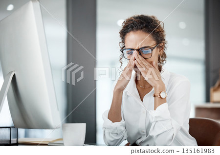 Business woman with headache, stress and fatigue with pain, mental health and crisis at office. Problem in workplace, mistake and female employee is frustrated with migraine and corporate burnout Business woman with headache, stress and fatigue with pain, mental health and crisis at office. Problem in workplace, mistake and female employee is frustrated with migraine and corporate burnout 135161983