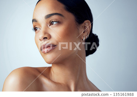 Thinking, skincare and woman in studio with natural beauty, cometic and wellness on grey background. Daydreaming, face and female model relax with dermatology, treatment and self care skin routine Thinking, skincare and woman in studio with natural beauty, cometic and wellness on grey background. Daydreaming, face and female model relax with dermatology, treatment and self care skin routine 135161988