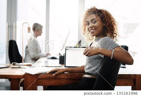 Portrait, research and laptop screen with business woman in office for planning, creative and communication. Internet, proposal and email with female employee for professional, connection and startup Portrait, research and laptop screen with business woman in office for planning, creative and communication. Internet, proposal and email with female employee for professional, connection and startup 135161996