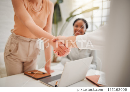 Closeup of businesswomen shaking hands in the office for a partnership, deal or corporate collaboration. Meeting, welcome and female employees with a handshake for an onboarding, hiring or agreement. Closeup of businesswomen shaking hands in the office for a partnership, deal or corporate collaboration. Meeting, welcome and female employees with a handshake for an onboarding, hiring or agreement. 135162006